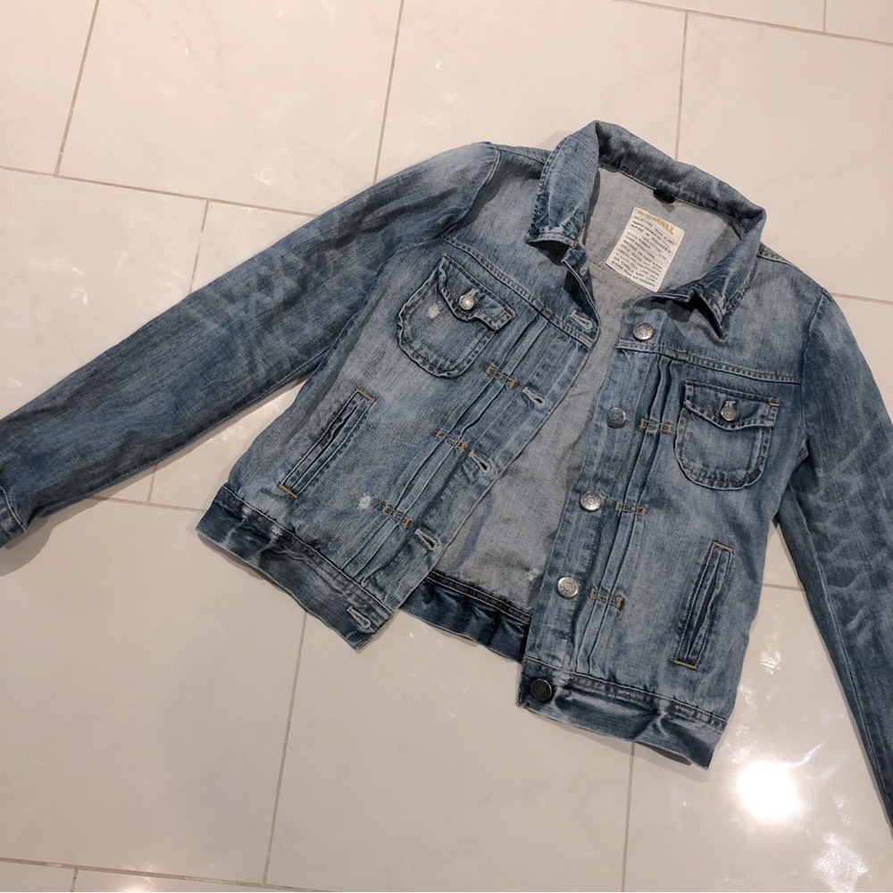 J Crew blue denim distressed jean jacket.  Button up.  EUC!
